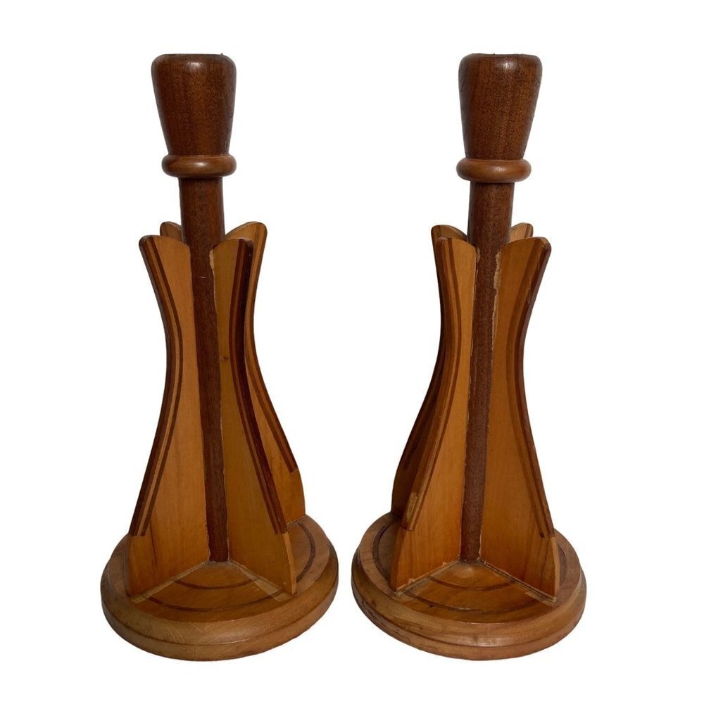 Pair Vintage Mid Century Wood Inlay Candle holders Scandinavian 10 inch